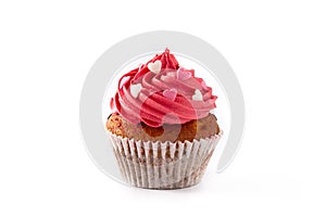Cupcake decorated with sugar hearts for Valentine`s Day isolated