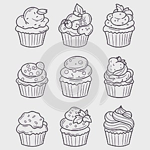 Cupcake doodle vector illustration. Hand drawn cupcake symbol icon set.