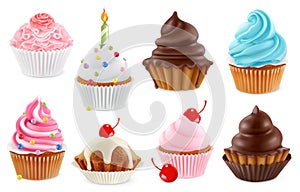 Cupcake, fairy cake. 3d vector icon set