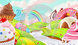 Cupcake, fairy cake. Sweet landscape, vector background