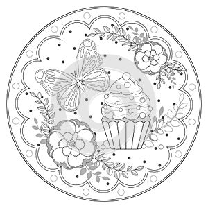 Cupcake, flowers, butterfly on round pattern frame for coloring book page.