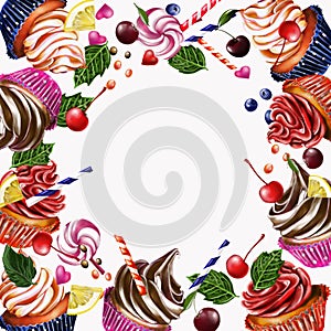 Cupcake, frame of cakes with cream, decorated with cookies and leaves, cherry, hearts, lollipop on a white background