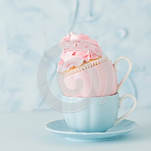 Cupcake with gentle pink cream decoration in two cups on blue pastel background.