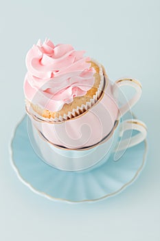 Cupcake with gentle pink cream decoration in two cups on blue pastel background.