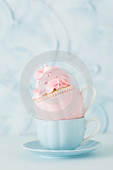 Cupcake with gentle pink cream decoration in two cups on blue pastel background.