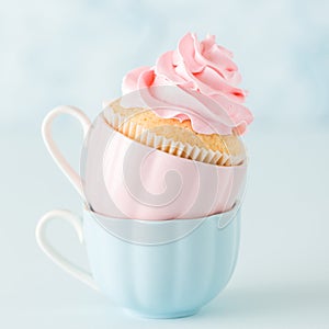 Cupcake with gentle pink cream decoration in two cups on blue pastel background.