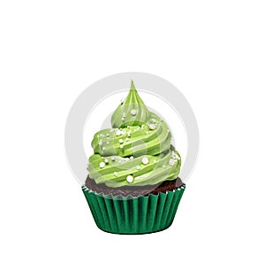 cupcake with green icing and sprinkles isolated on white