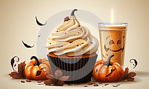 Cupcake with Halloween decoration, on a light background.
