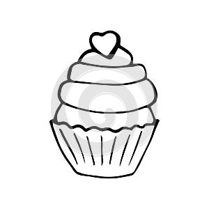 Cupcake with a heart isolated on white, Valentine`s day concept.