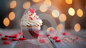 Cupcake with a heart for Valentine's Day. Selective focus.