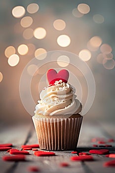 Cupcake with a heart for Valentine's Day. Selective focus.