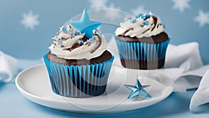 cupcake with icing and sprinkles A blue birthday chocolate cupcake with sweet cream on a white plate.