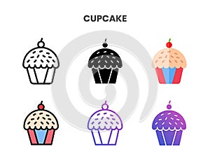 Cupcake icons set with different styles.