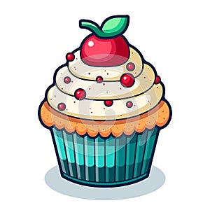 Cupcake illustration. Pretty cartoon vanilla and cherry cupcake