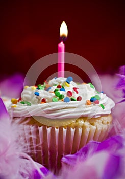Cupcake with lite candle photo