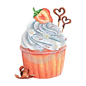 Cupcake muffin cream watercolor drawing sweet. Strawberry heart stick fruit chocolate cake. Sweet flower sugar treat
