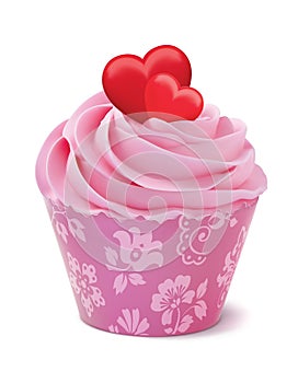 Cupcake or muffin decorated with hearts.