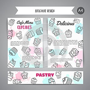 Cupcake newsletter with handdrawn cupcakes and pink splashes. Sweet pastry slogan for cafe. Bakery Desserts collection