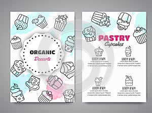 Cupcake newsletter with handdrawn cupcakes and pink splashes. Sweet pastry slogan for cafe. Bakery Desserts collection