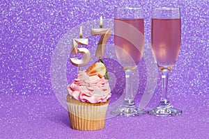 Cupcake With Number And Glasses With Wine For Birthday Or Anniversary Celebration