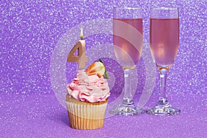 Cupcake With Number And Glasses With Wine For Birthday Or Anniversary Celebration