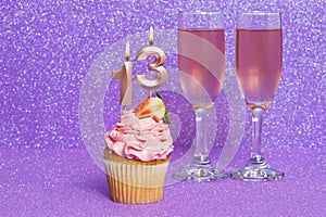 Cupcake With Number And Glasses With Wine For Birthday Or Anniversary Celebration