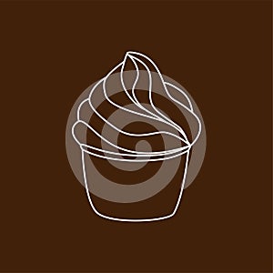 Cupcake pastry icon. Line art style creamy dessert isolated on dark brown background. Bakery design logo. Sweets shop symbol