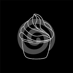 Cupcake pastry isolated icon. Line art style creamy dessert isolated on black background. Bakery design logo. Sweets shop symbol