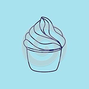 Cupcake pastry isolated icon. Line art style creamy dessert isolated on light blue background. Bakery design logo. Sweets shop