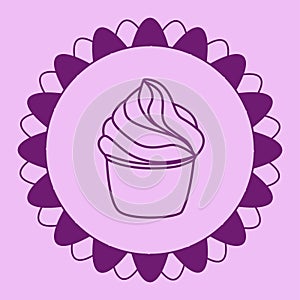 Cupcake pastry isolated icon. Line art style creamy dessert isolated on pink background. Bakery design logo in round