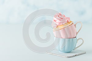 Cupcake with pink cream decoration in two cups on blue pastel background.