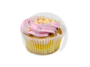 Cupcake with pink cream and nuts isolated on white background.