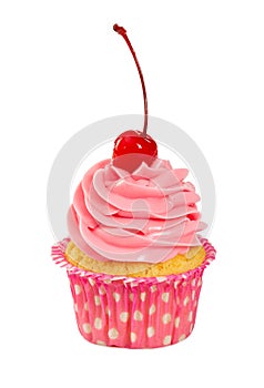 Cupcake with pink creme and cocktail cherry