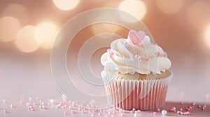 A cupcake with pink frosting and a heart on top, AI