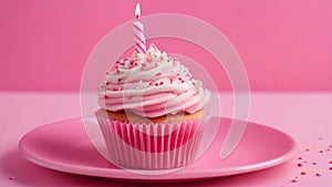 cupcake with pink frosting pink birthday cupcake with white frosting and a candle on a pink plate. blank empty background,