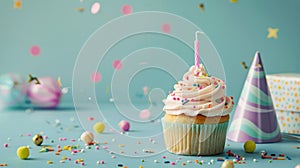 Cupcake With Pink Frosting Surrounded by Confetti