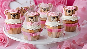 cupcake with pink frosting teddy bear Ballerina cupcakes with pink frosting and white sprinkles. The cupcakes have paper wrappers