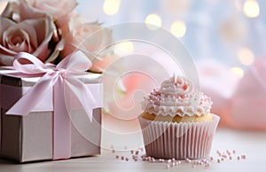a cupcake is placed beside a gift box