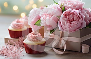 a cupcake is placed beside a gift box