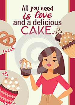 Cupcake poster design bakery cake dessert card vector illustration. Muffin holiday sweet party background design.
