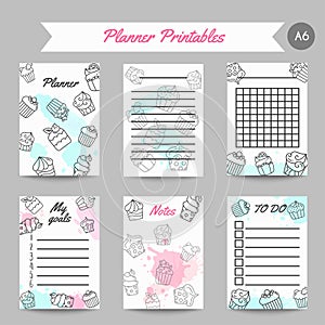 Cupcake printables with handdrawn cupcakes and pink splashes. Sweet pastry oraganizer. Bakery Desserts collection Vector photo