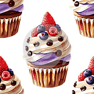 Cupcake with raspberry, blueberry, strawberry delicious dessert isolated on white background.