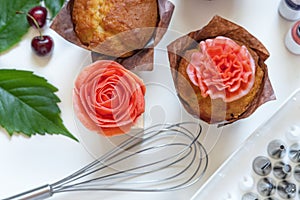 Cupcake with rose, from Korean buttercream, dessert