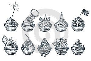 Cupcake set isolated on white background. Sketch vector illustration. Sweet cakes with cream, chocolate, cherry, lemon