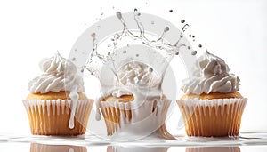 Cupcake splashing in milk, isolate on white background. Collection