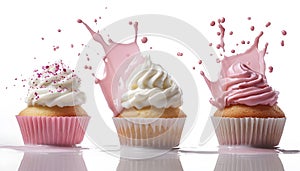 Cupcake splashing in milk, isolate on white background. Collection