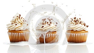 Cupcake splashing in milk, isolate on white background. Collection