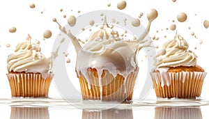Cupcake splashing in milk, isolate on white background. Collection