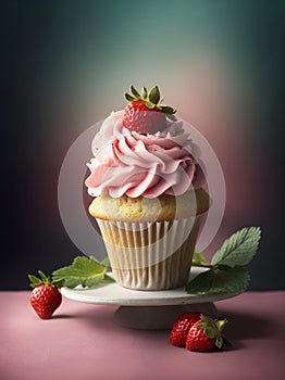 Cupcake with strawberry cream and strawberries on a plate on a table with a pink tablecloth