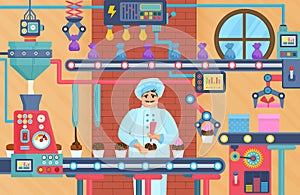 Cupcake sweets factory with confectioner. Chocolate conveyor factory store vector illustration.